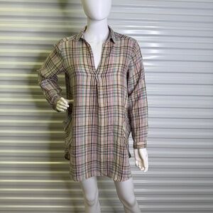 Anthropologie Uncle Frank Wms M 100% Linen Cottagecore Spring Plaid Tunic USA